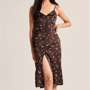 Abercrombie & Fitch Brown Floral Satin Midi Dress